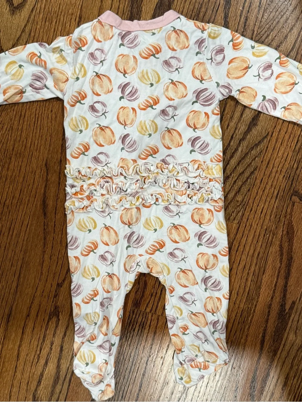 Pumpkin Print Baby One-Piece Pajama with Headband - Pink Trim and Ruffle Butt